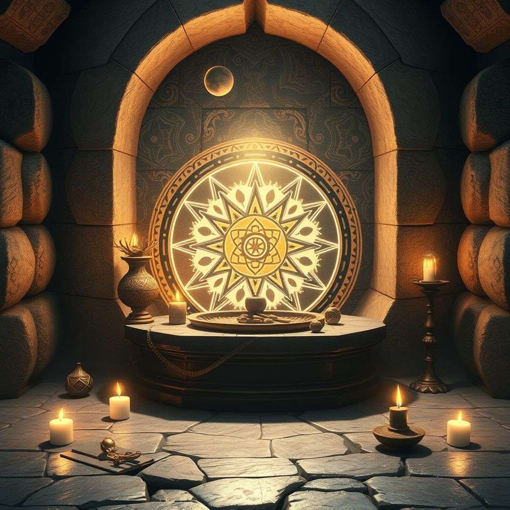 Symbole de la magie blanche avec des éléments anciens et lumineux évoquant la pureté et la spiritualité