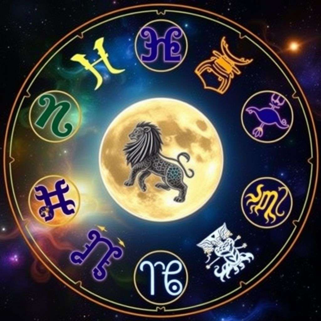 Illustration représentant les douze signes astrologiques entourés d’une lune en Lion, avec des couleurs évoquant leur influence