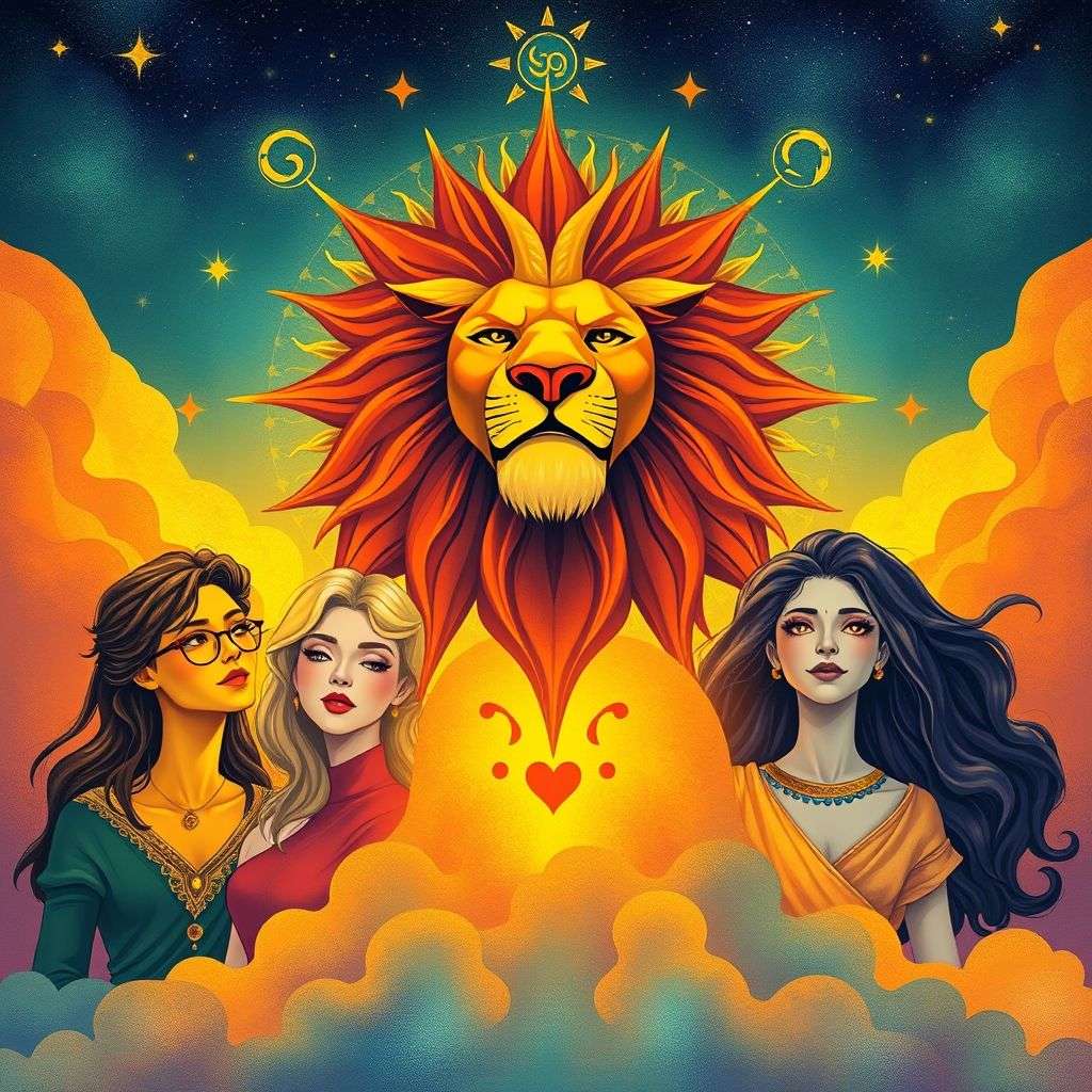 Illustration représentant différentes personnes sous l'énergie du Soleil en Lion, avec des symboles astrologiques et des couleurs chaudes