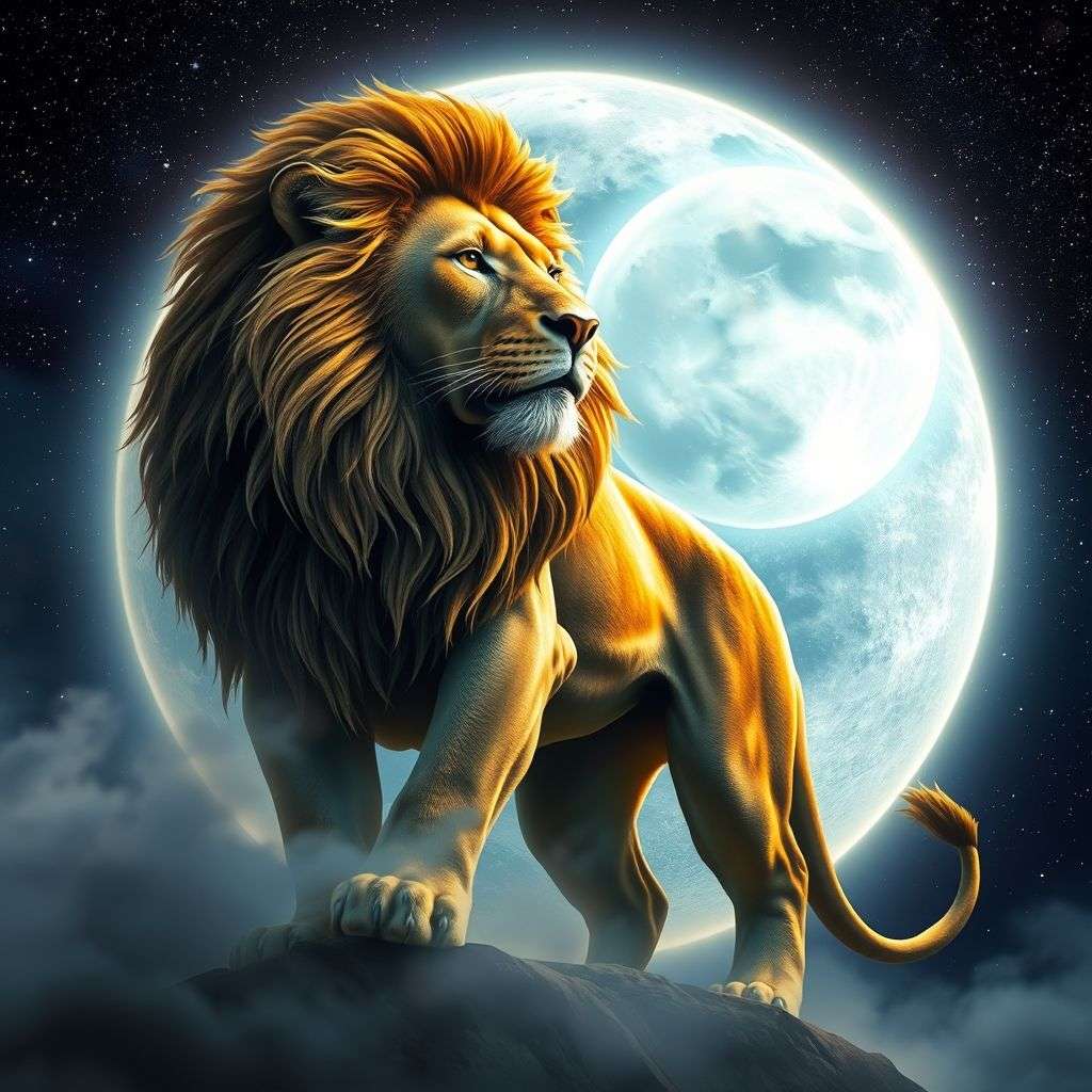 Illustration symbolique de la nouvelle lune en Lion avec un lion et une lune éclatante dans un ciel étoilé