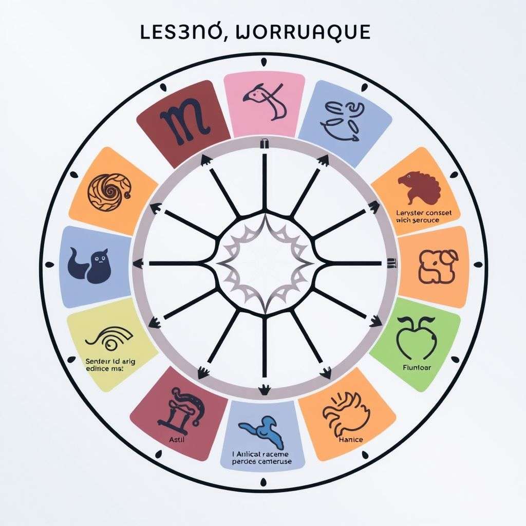 Tableau présentant chaque signe astrologique avec ses traits et leçons karmiques associées.