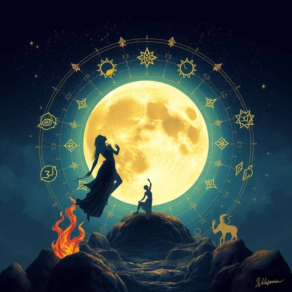 Illustration d'une lune entourée de symboles liés aux émotions et au karma, représentant la connexion lunaire.
