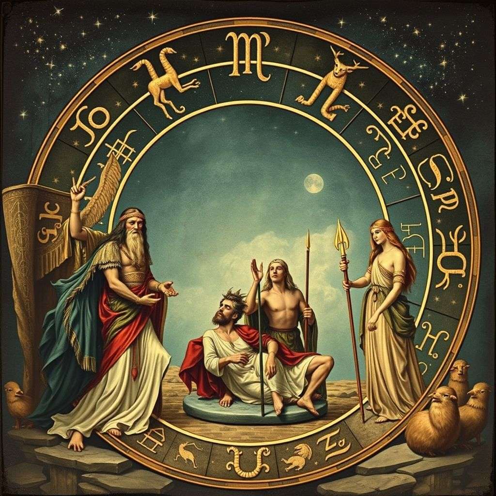 Illustration mythique des histoires liées aux signes et leur lien avec le karma, évoquant légendes anciennes.