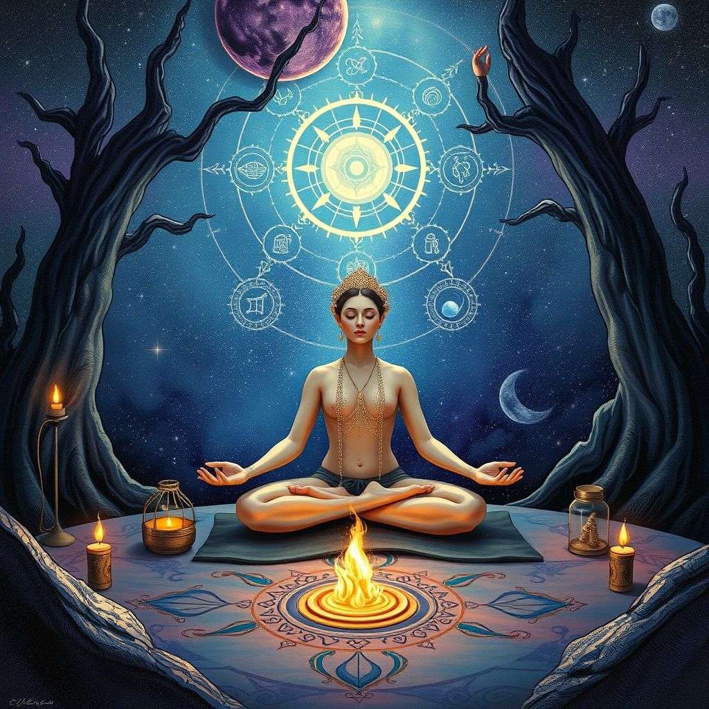 Illustration symbolique de la maison XII avec des éléments de rêve et spiritualité.