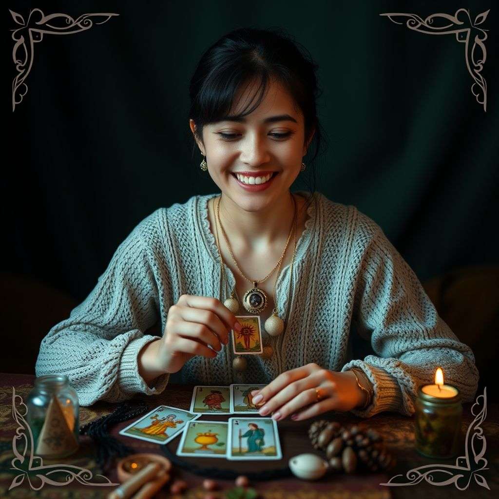 Une personne souriante pratiquant la lecture de tarot dans un cadre relaxant et cosy.