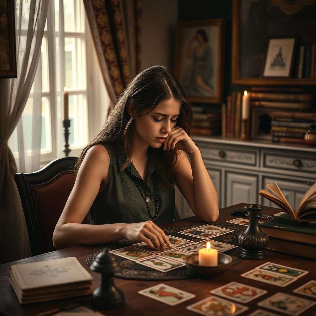 Une personne confuse regardant un jeu de cartes de tarot avec des notes et des questions autour.