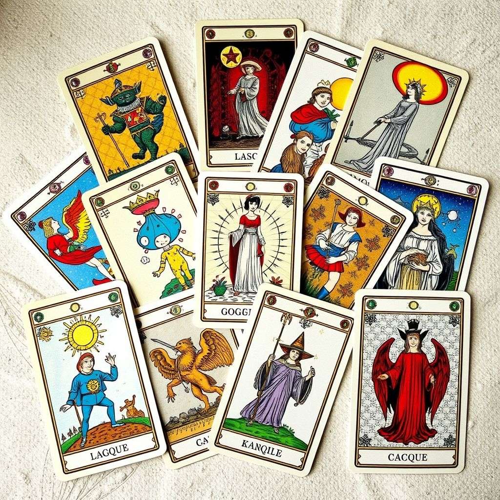 Un jeu de cartes de tarot étalé avec différentes images et symboles riches en couleurs et détails.