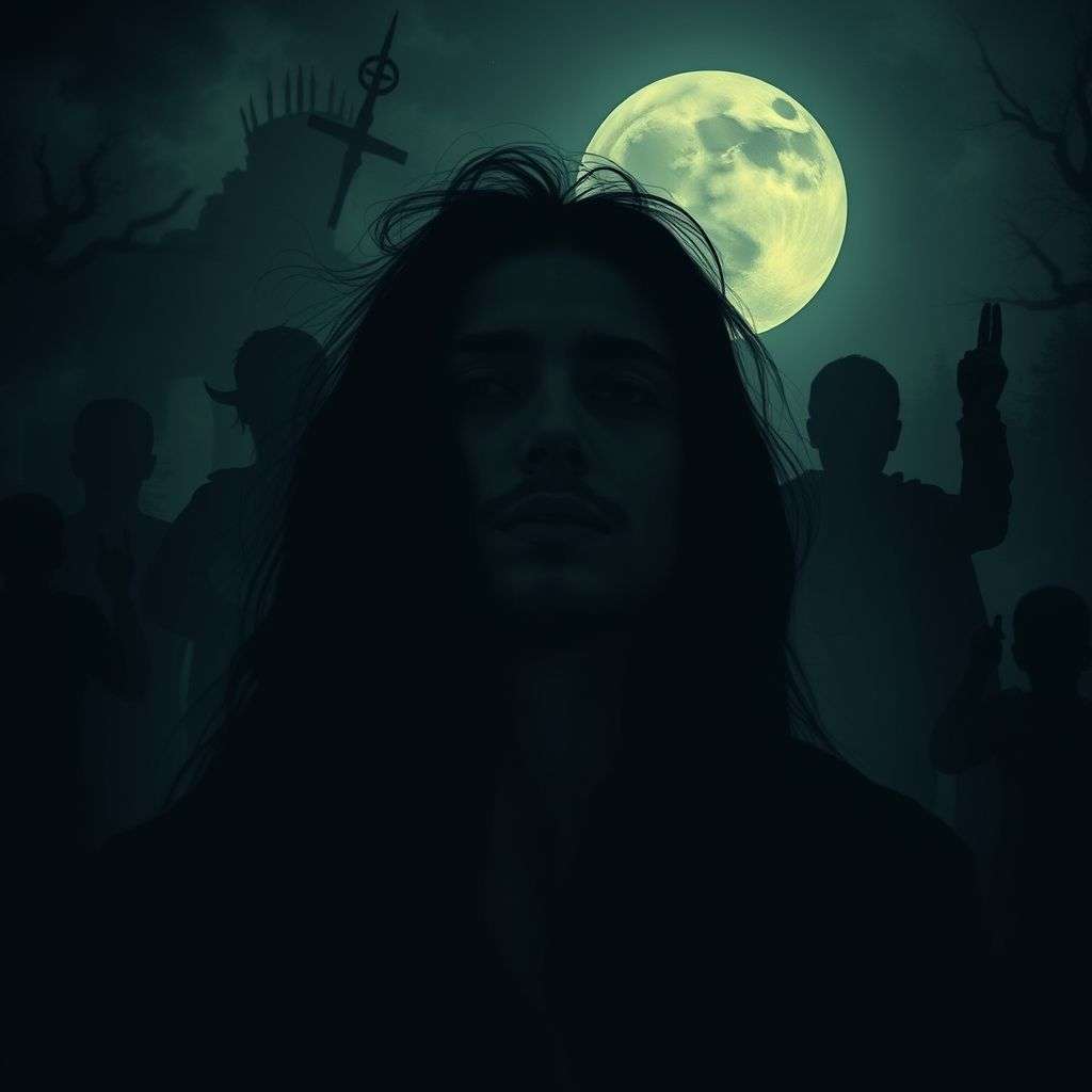 Illustration d'une personne en sommeil agité, avec des rêves sombres et oppressants, entourée de symboles oniriques mystérieux.
