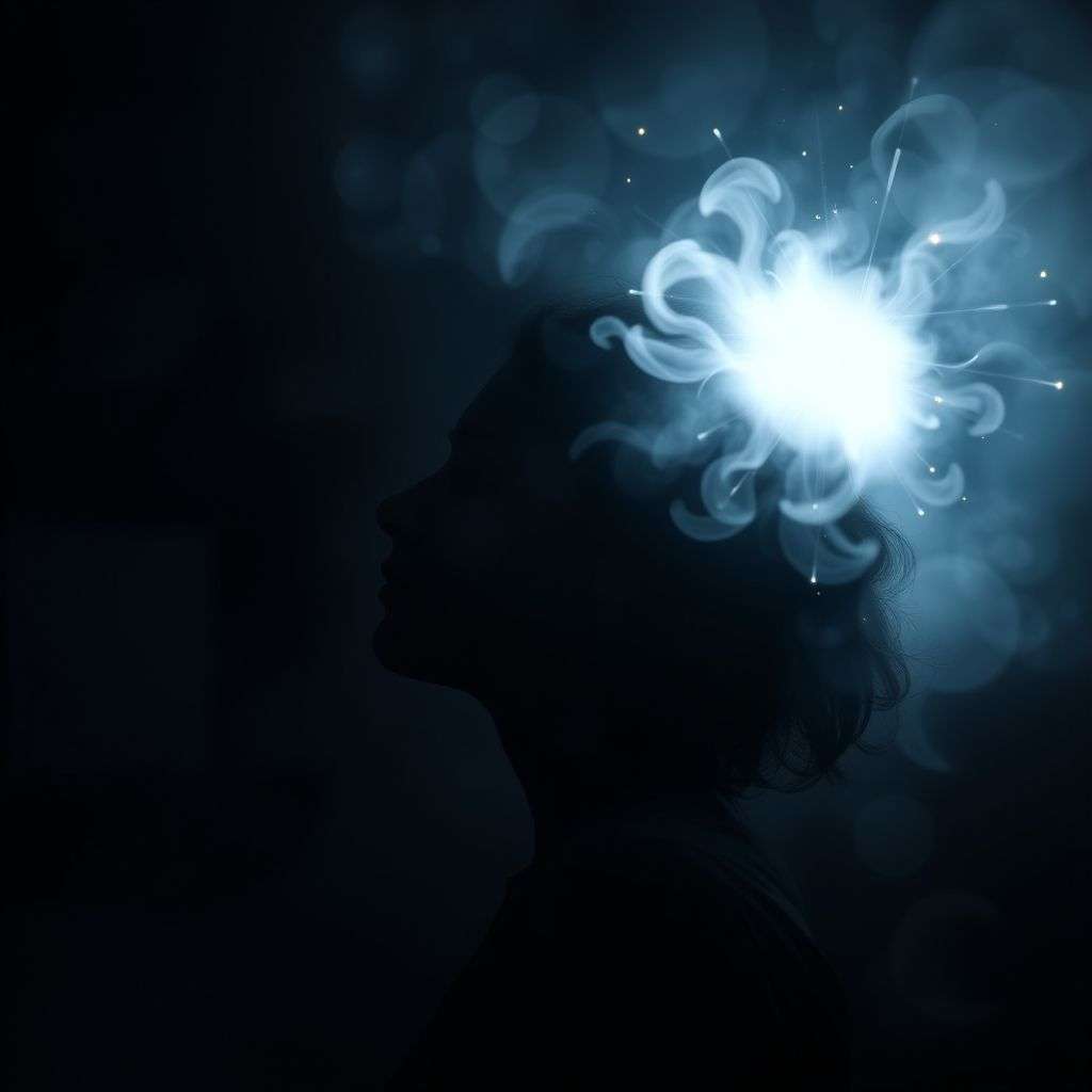 Image d'une personne souffrant de douleurs mystérieuses, avec des éclairs d'énergie sombre autour d'elle, illustrant les changements inhabituels.