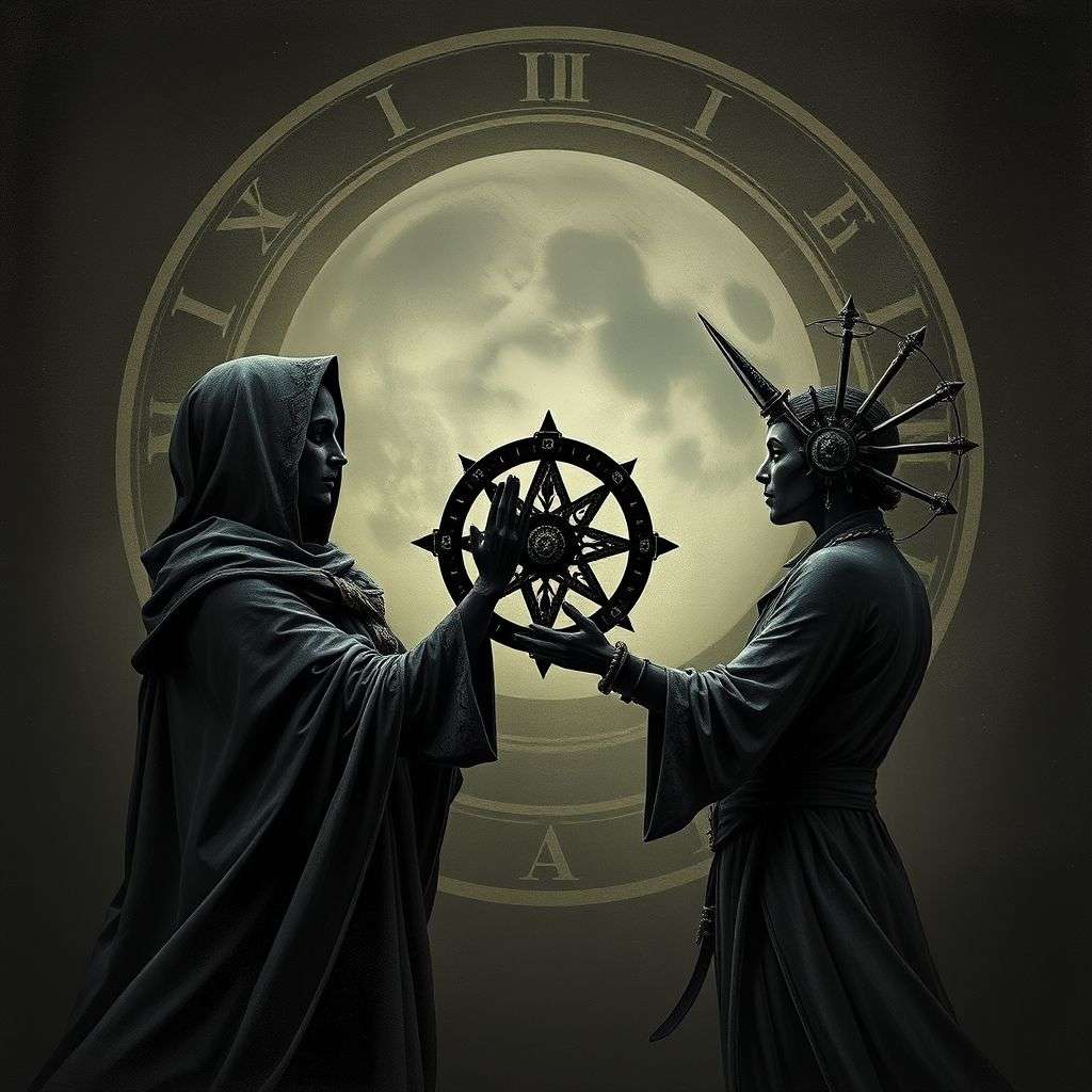 Illustration représentant deux figures en débat, une avec un symboles sombre et une autre avec des outils de protection spirituelle.