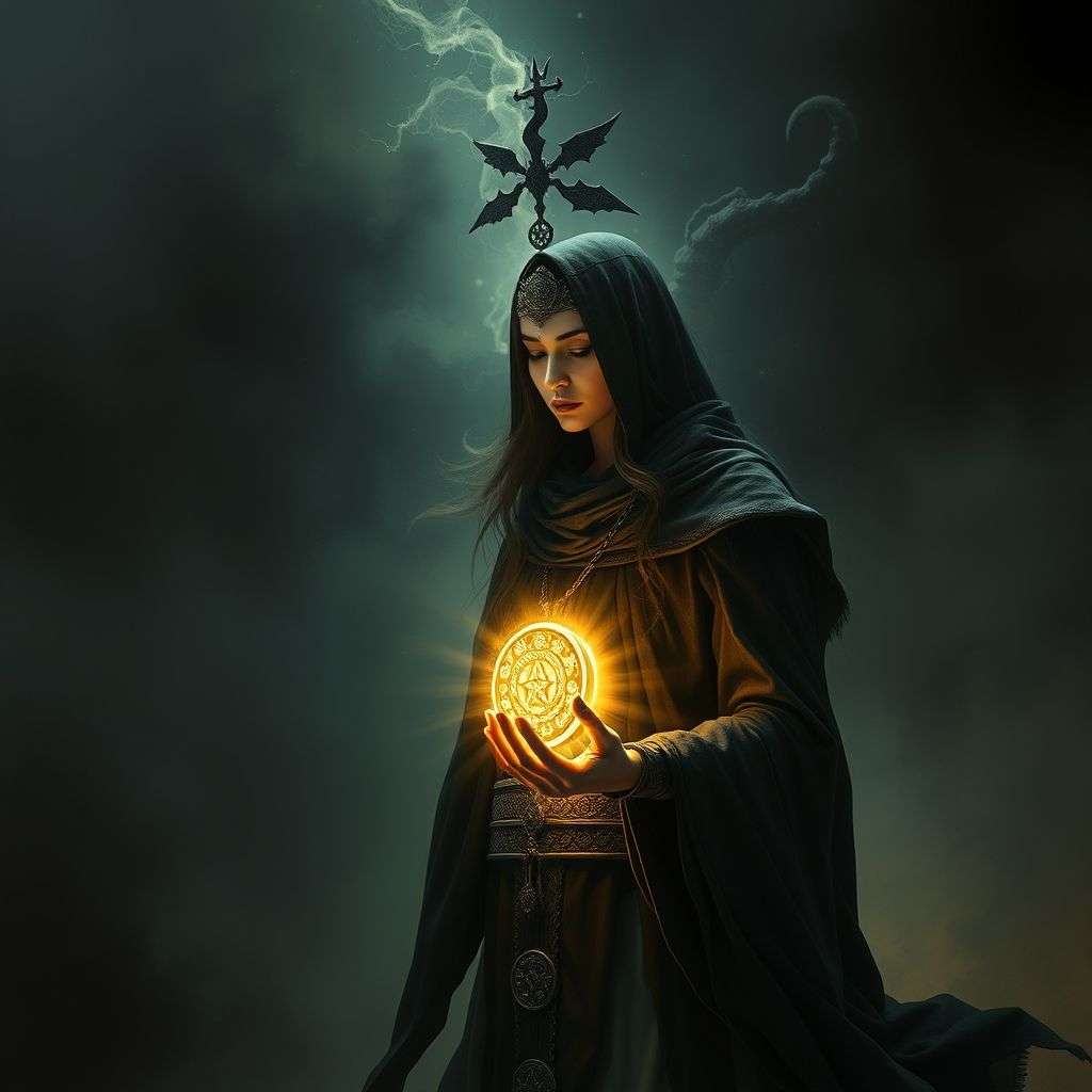 Illustration d'une personne recevant une malédiction, entourée de symboles de protection et de combat spirituel.