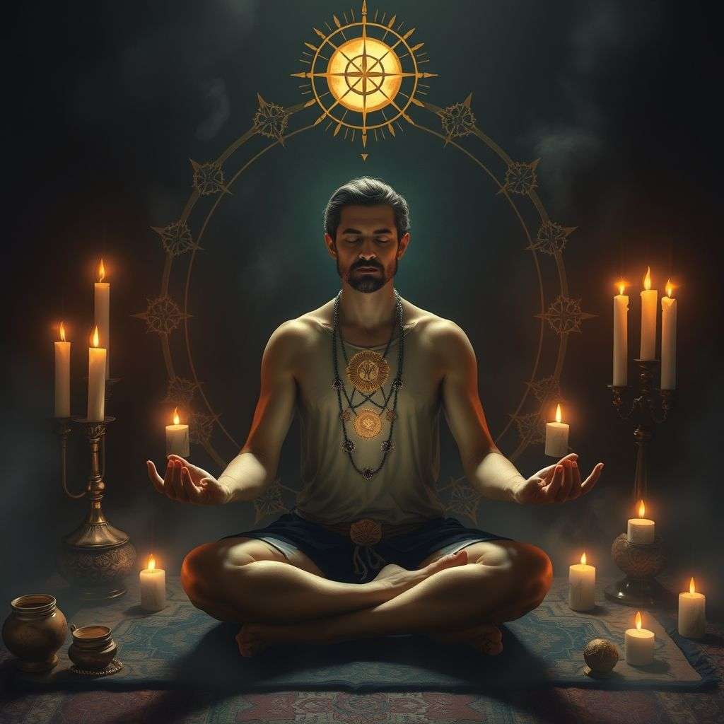 Illustration d'un individu pratiquant un rituel de protection contre des forces sombres et maléfiques.