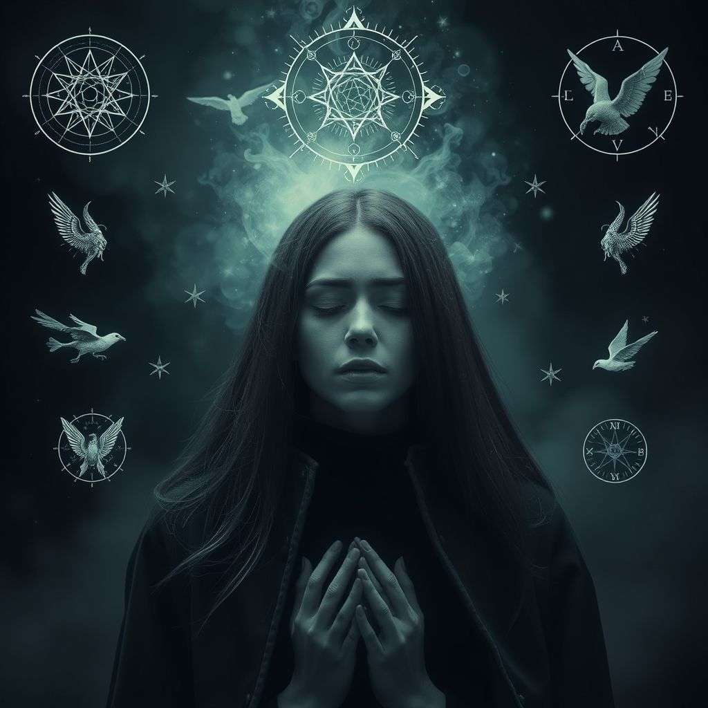 Illustration d'un individu concentré, entouré d'une aura sombre et de symboles ésotériques représentant les premiers signes de magie noire.