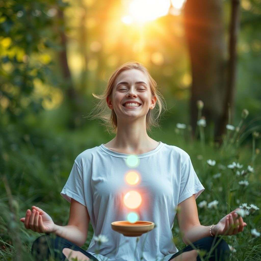 Personne sereine et énergique après une harmonisation de ses chakras dans un environnement naturel.