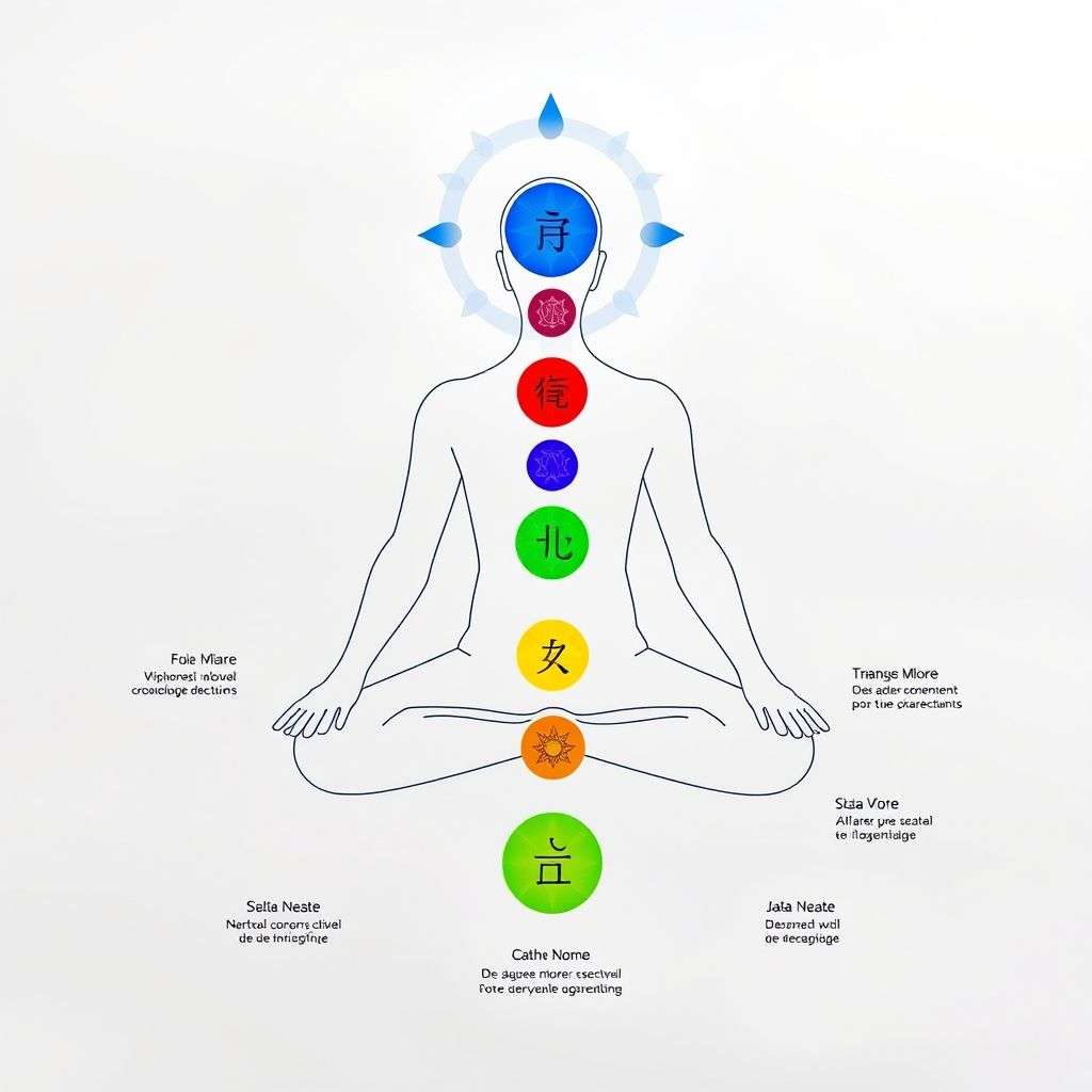 Diagramme illustrant les 7 chakras, leur position, couleur et signification dans le corps humain.