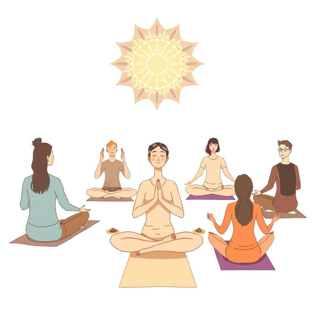 Illustration de personnes pratiquant des techniques d'équilibrage des chakras comme méditation et yoga.