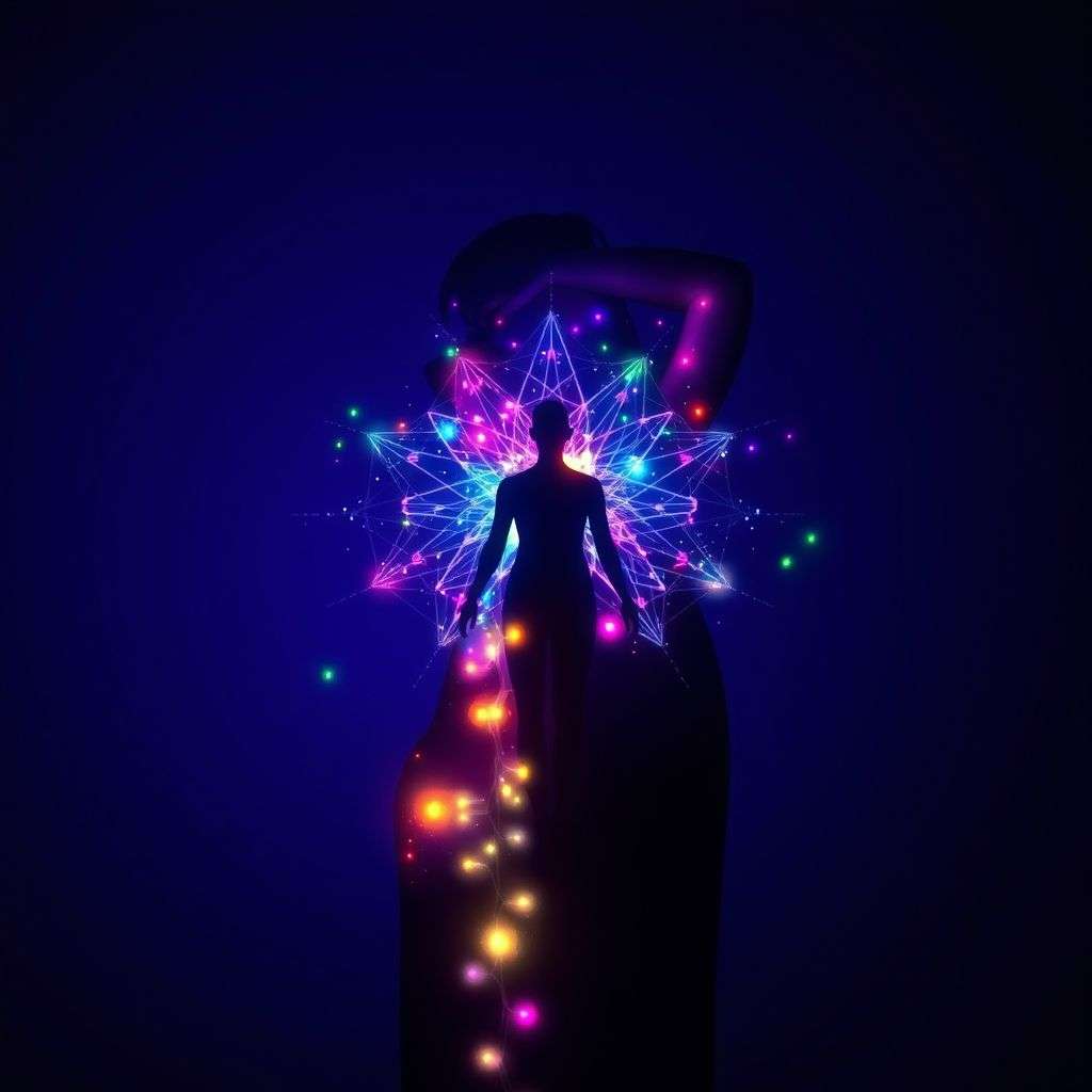 Visualisation d'une aura colorée entourant une silhouette humaine, représentant la vitalité et l'énergie intérieure
