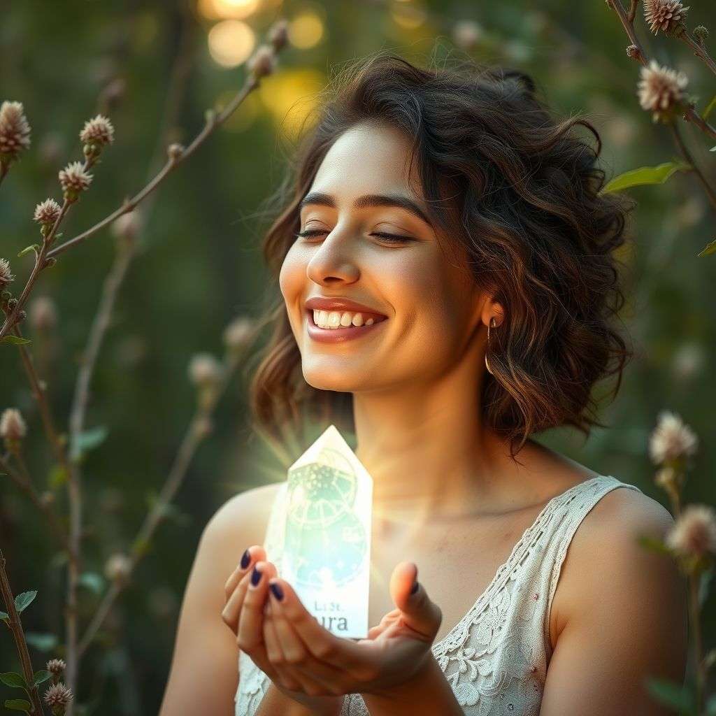 Personne rayonnante portant un cristal, illustrant la connexion entre perception d’aura et vie quotidienne
