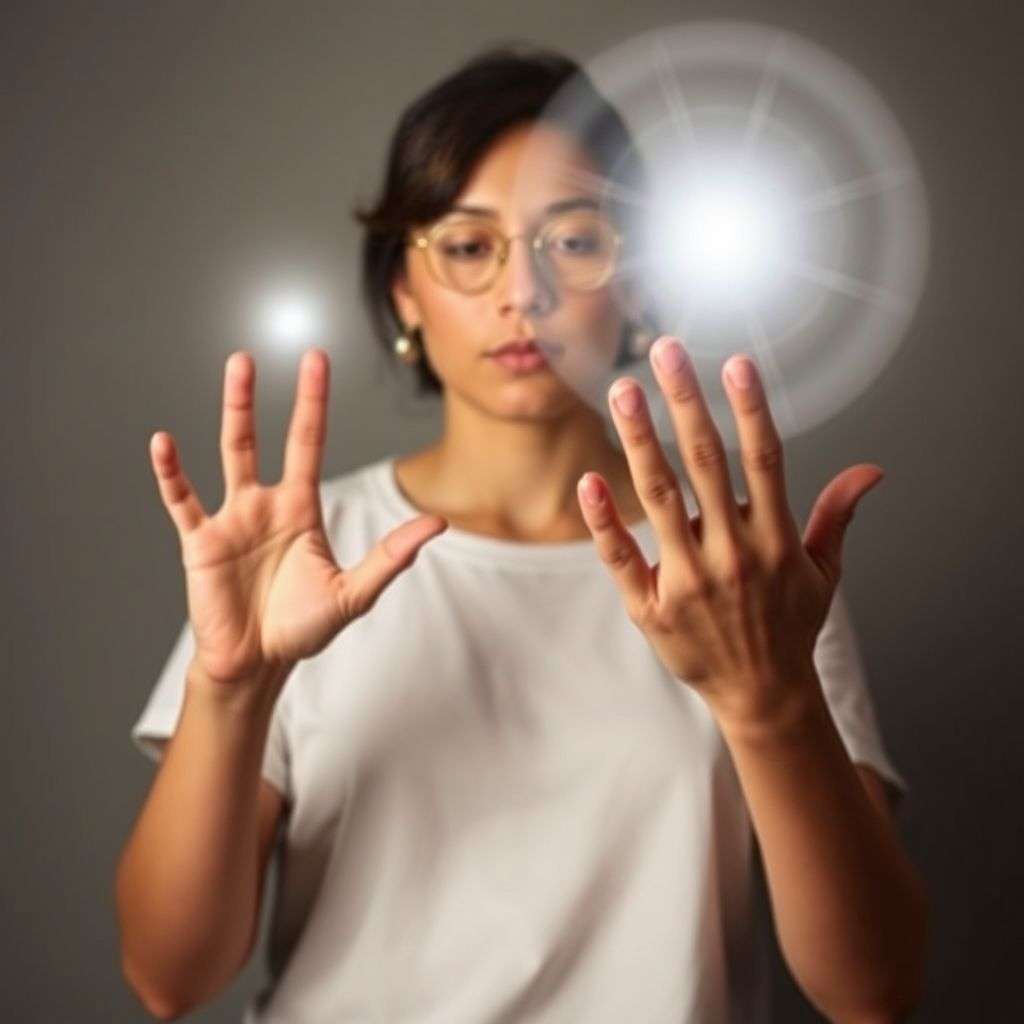Personne pratiquant un exercice de perception de l’aura avec ses mains devant un fond neutre