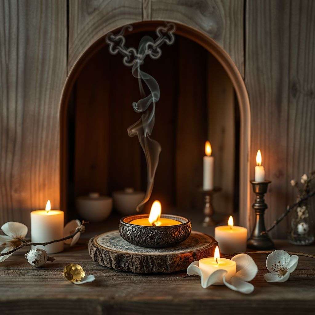 Bougie et encens en fumée douce, créant une ambiance apaisante pour la purification.