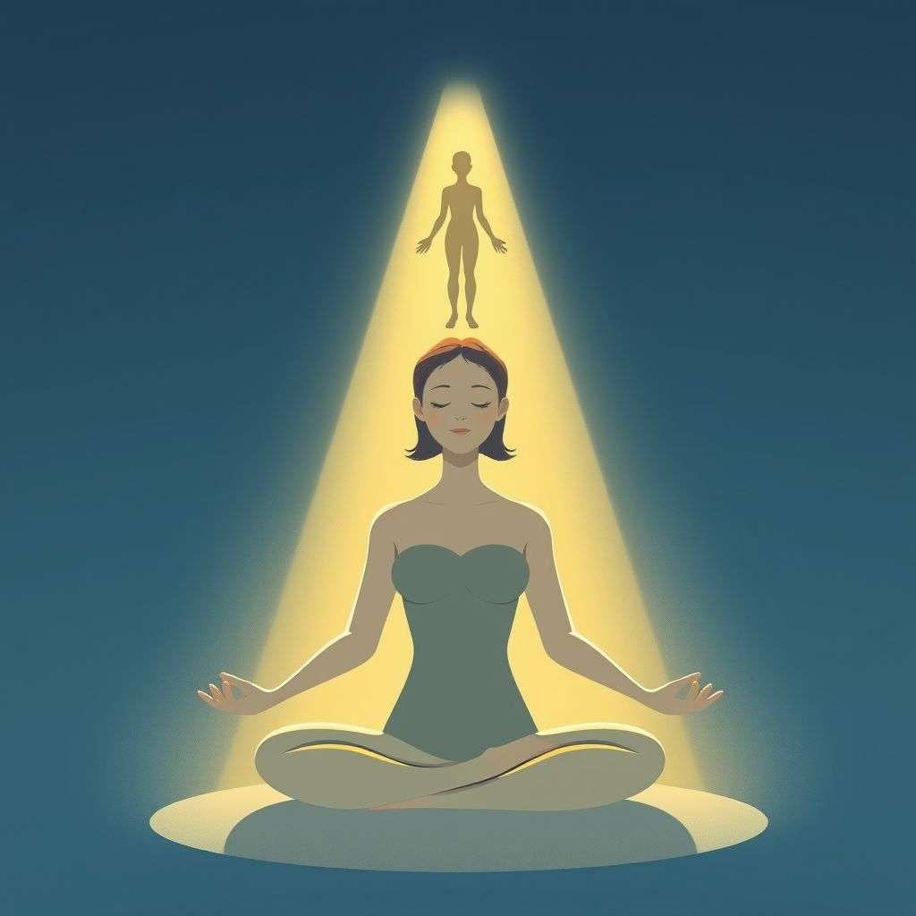 Schéma simple illustrant une personne en méditation avec une silhouette représentant une sortie hors du corps
