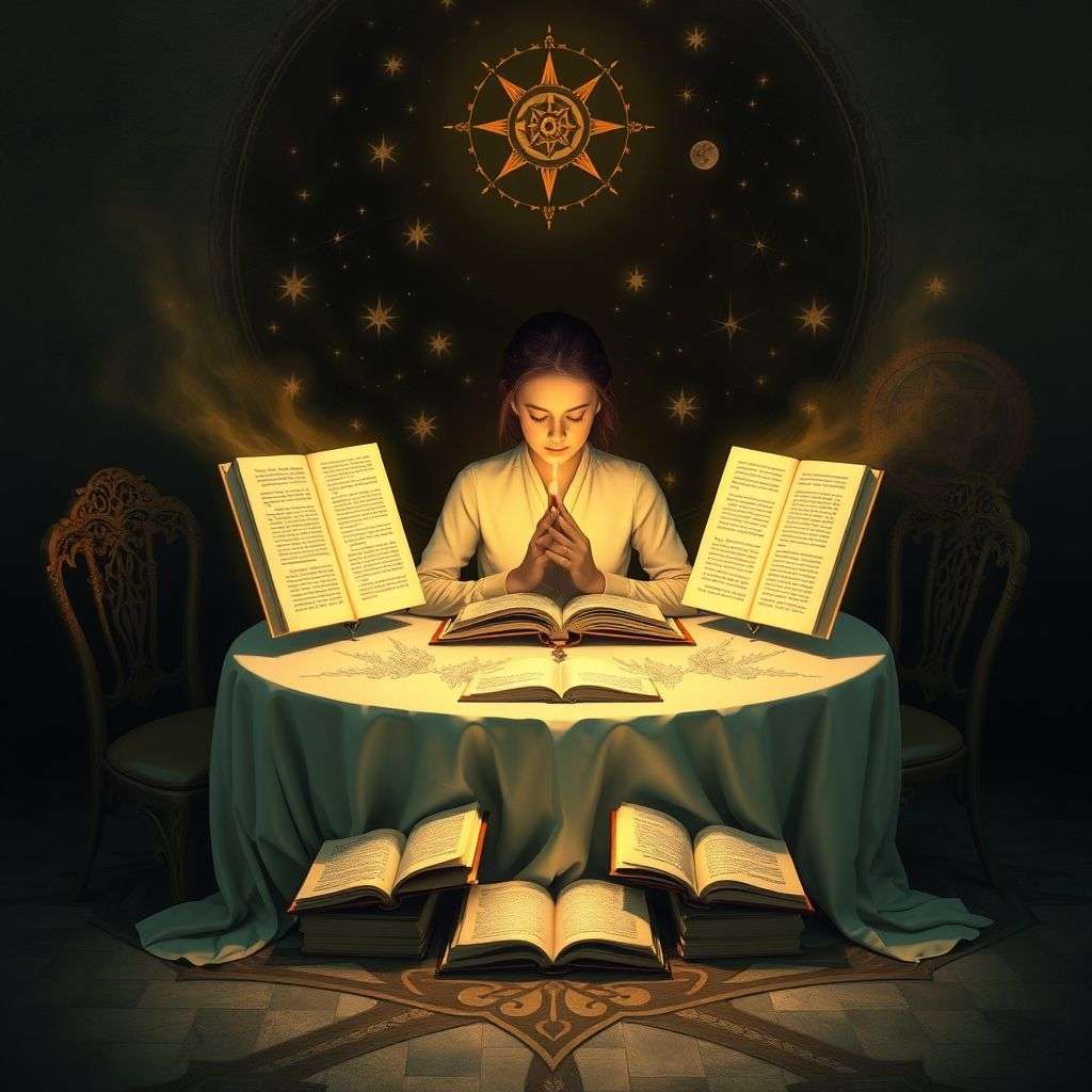 Illustration d'une personne lisant un livre avec des symboles occultes autour