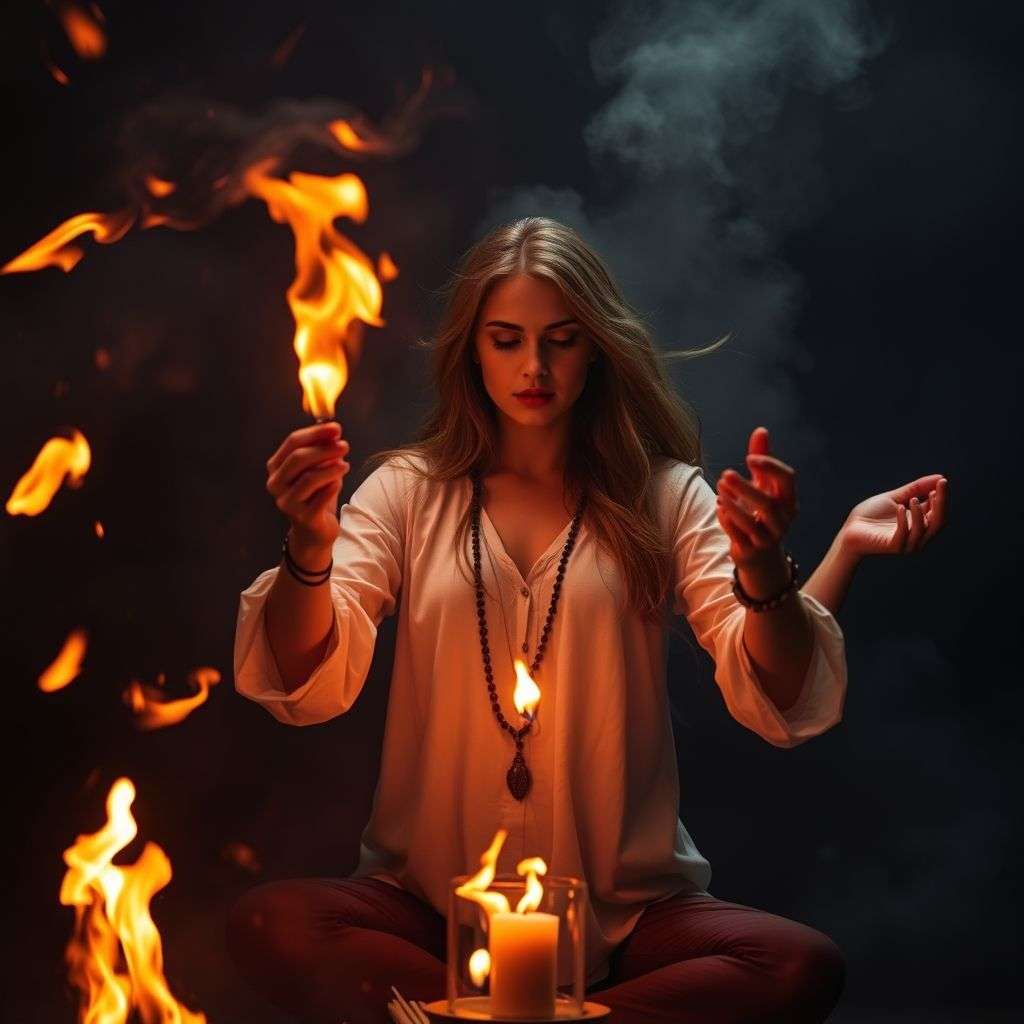 Personne active réalisant un rituel avec déplacement d’énergie et détermination visible.
