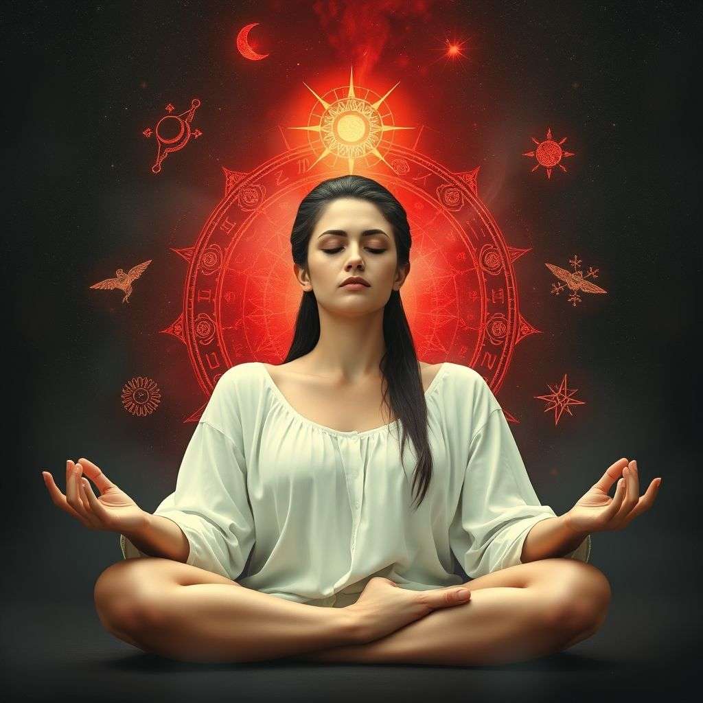 Personne concentrée en méditation avec symbole magique rouge pour amplifier la puissance du rituel.