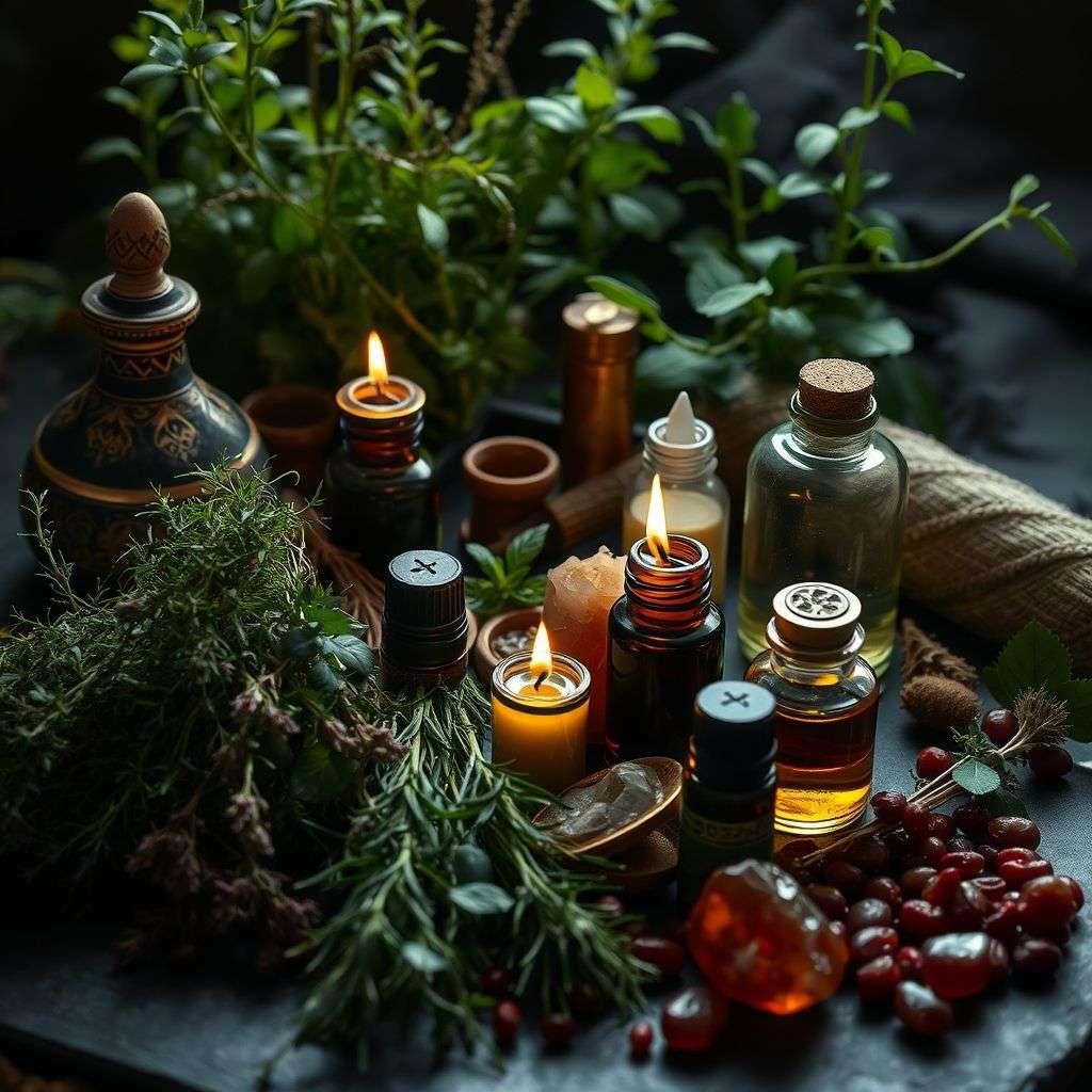 Herbes, cristaux et huiles essentielles pour renforcer un rituel de magie rouge et raviver la flamme intérieure.