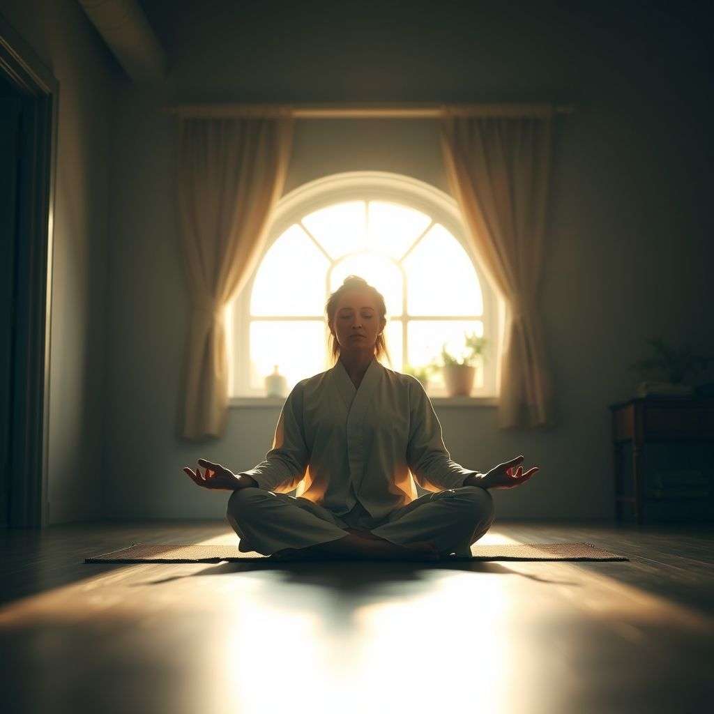 Personne méditant chaque matin dans un environnement inspirant pour renforcer sa vibration.
