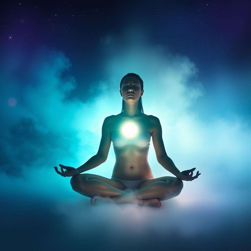 Personne visualisant des lumières vibrantes pour augmenter son énergie spirituelle.