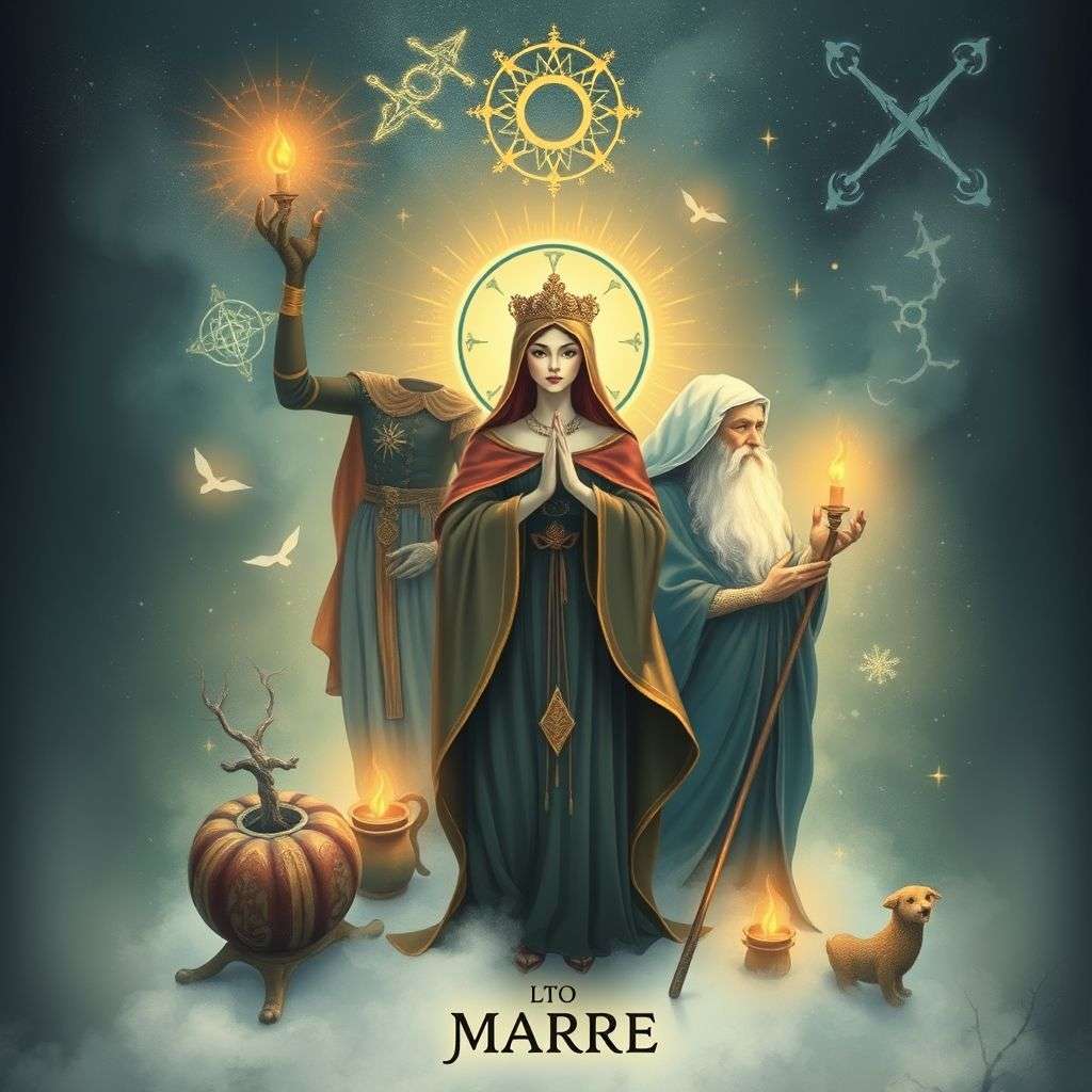 Illustration représentant des archétypes majeurs du tarot comme le héros, la sagesse ou la mère.
