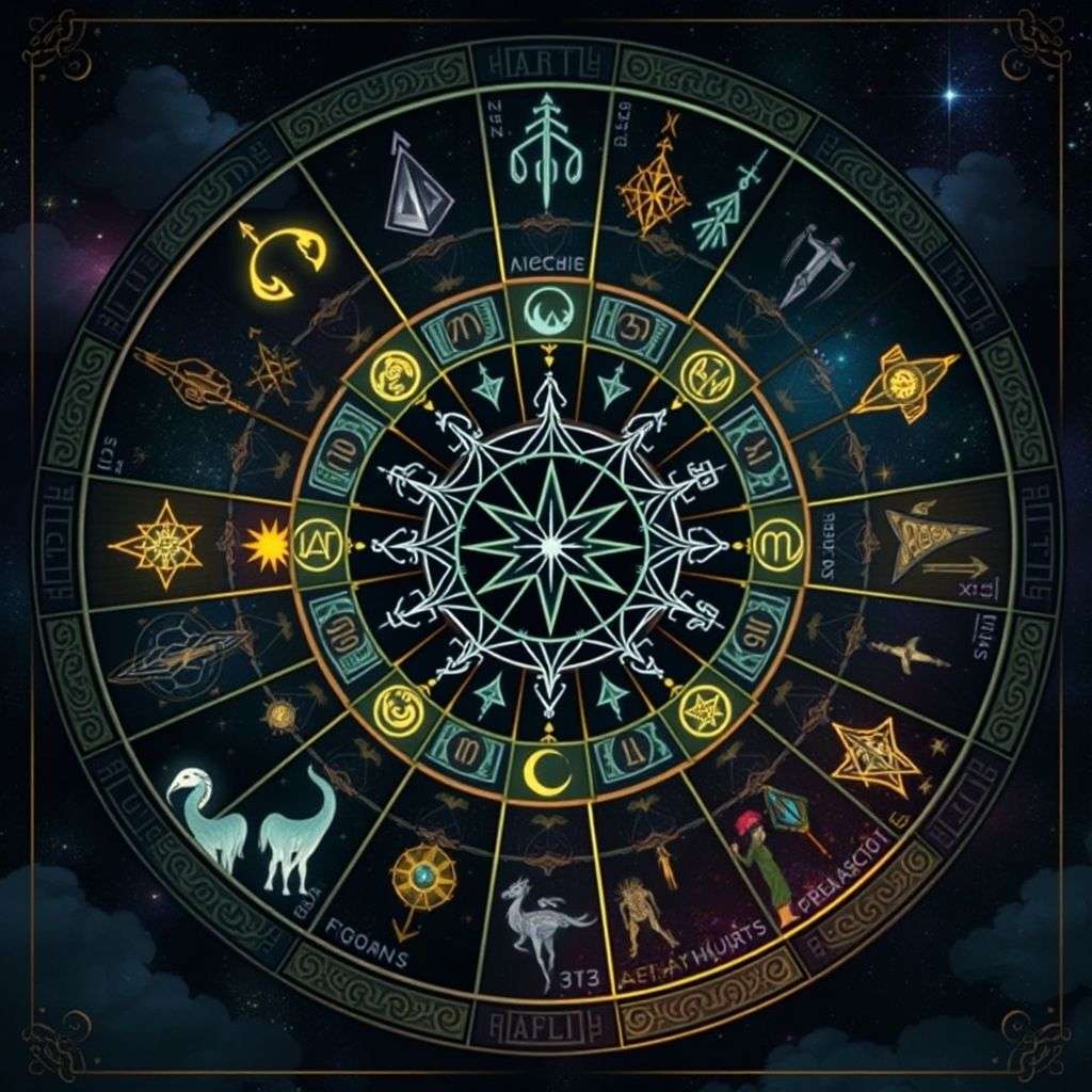 Illustration symbolique des arcanes majeurs du tarot avec des symboles mystiques et des couleurs profondes.