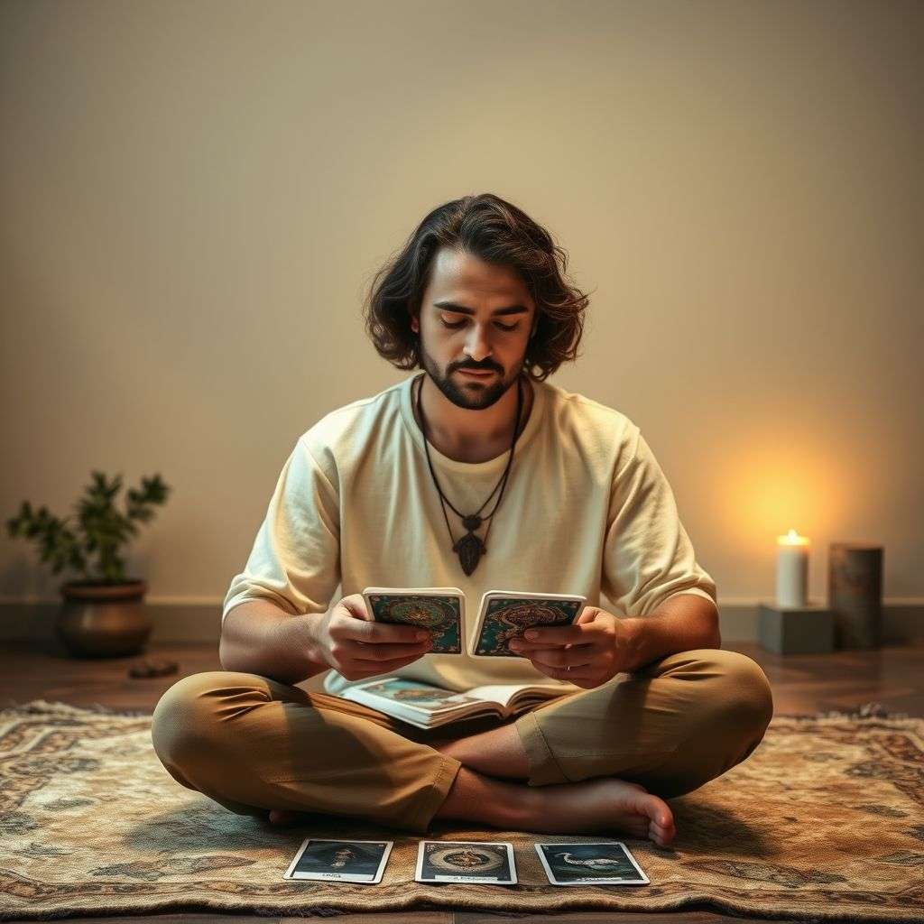 Personne effectuant un tirage de tarot avec une mise en pratique intuitive des messages cachés.