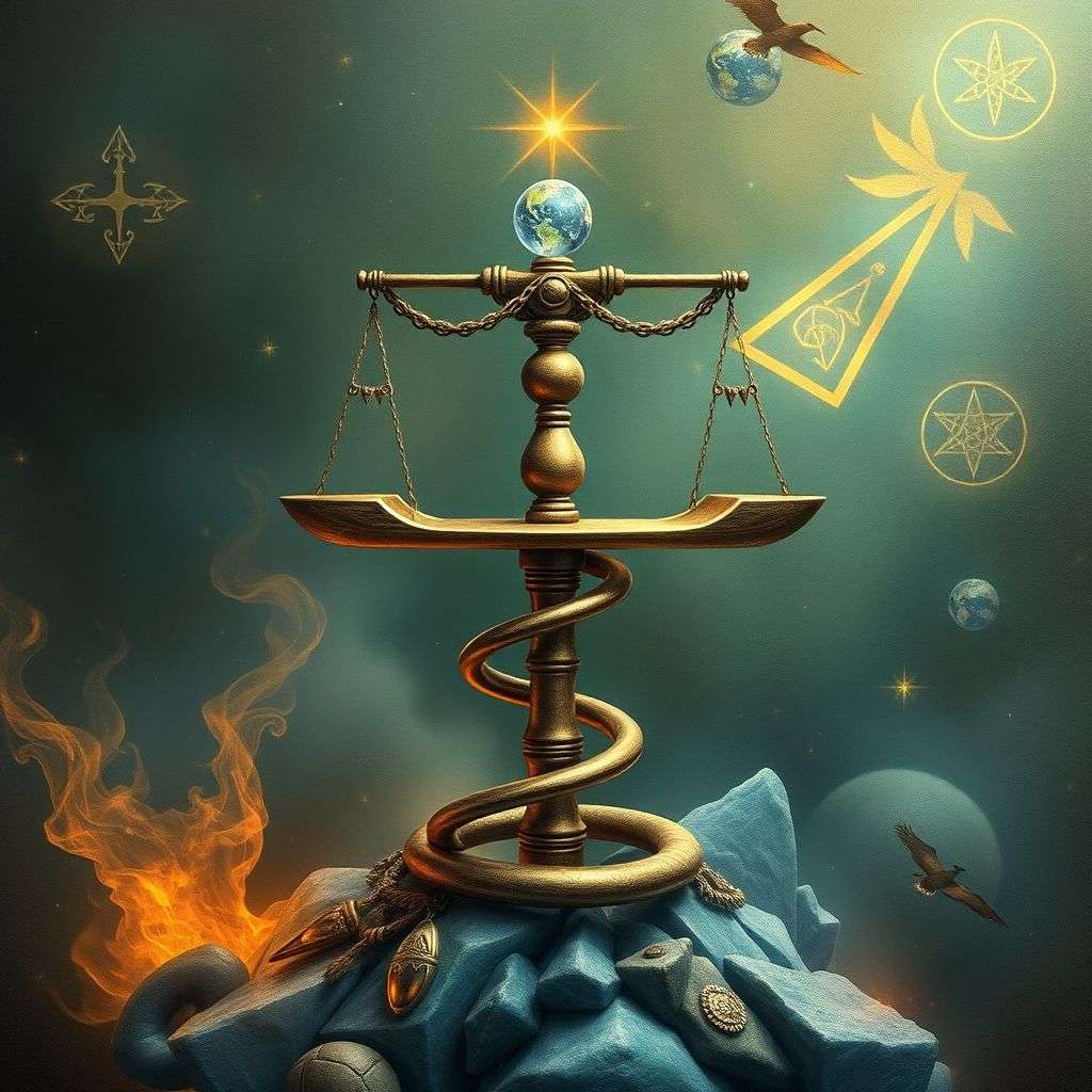 Détails de symboles universels présents dans les arcanes majeurs du tarot tels que la balance et la spirale.