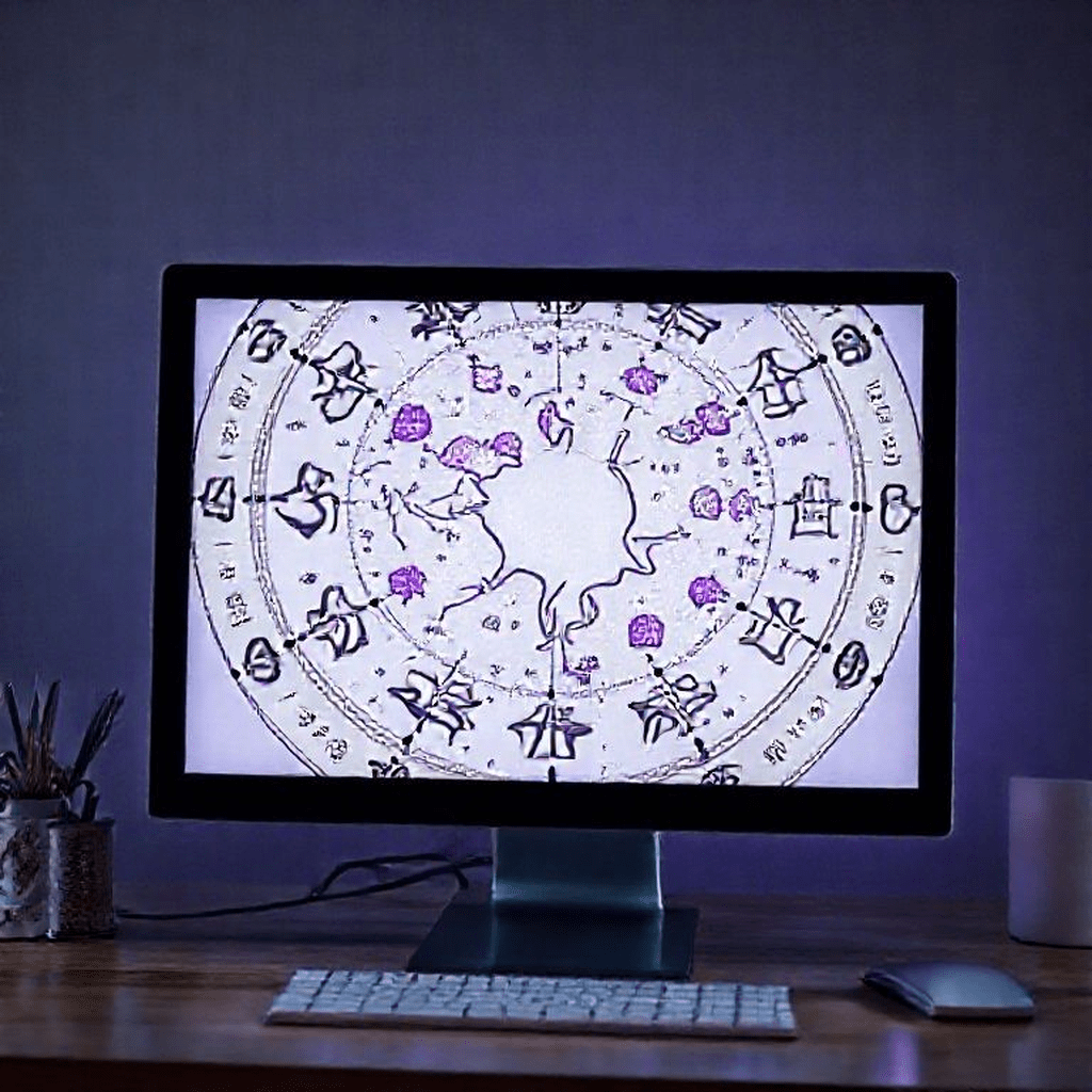 Thème astral graphique montrant maisons zodiacales, planètes colorées et lignes d’aspects entre astres.