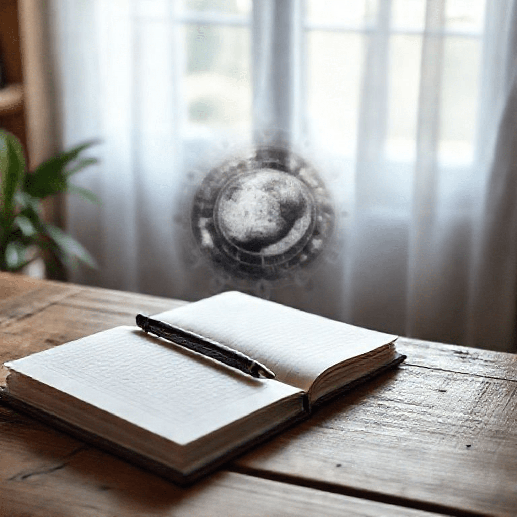 Personne méditant avec un carnet devant un thème astral, prête à noter inspirations et exercices.