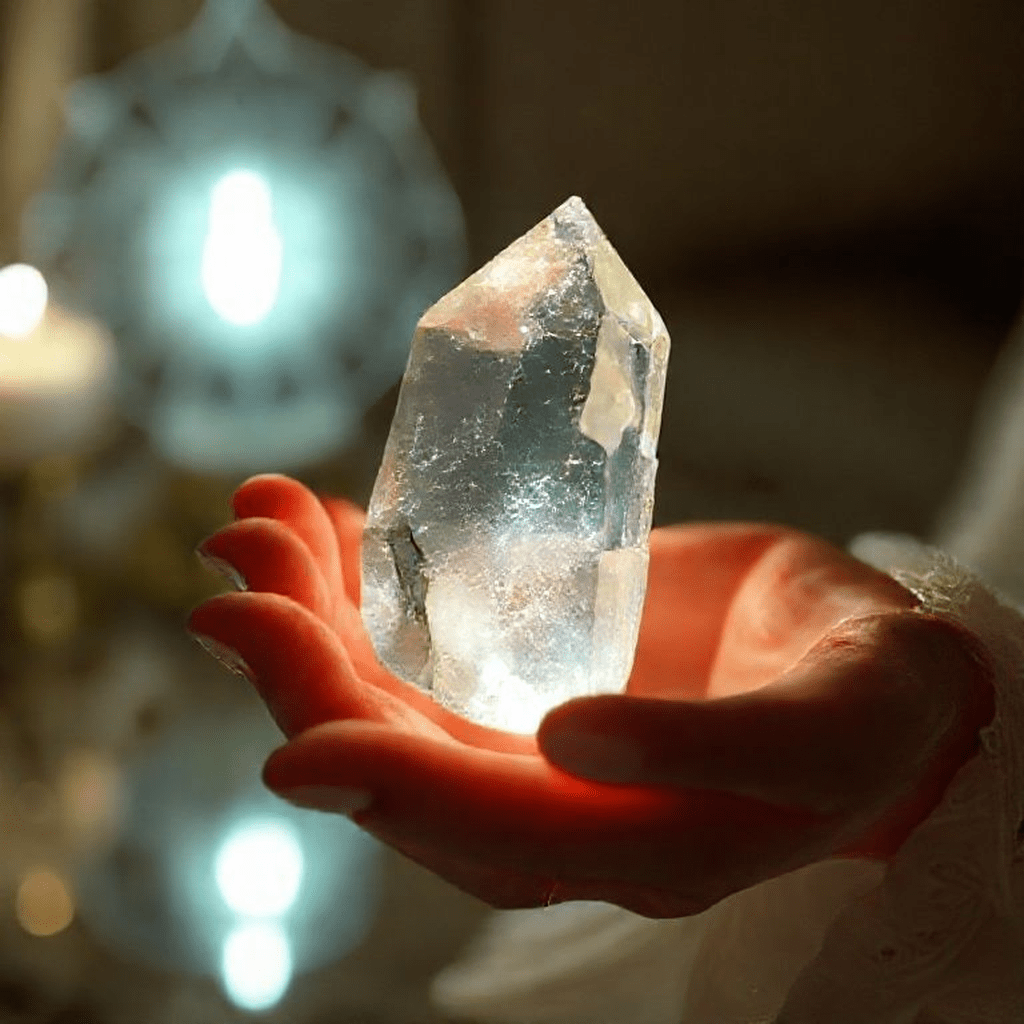 Main tenant une amulette en cristal éclairée par une lueur douce symbolisant la protection magique.