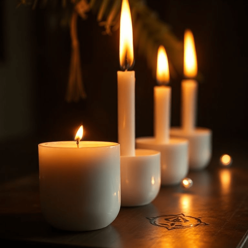 Bougies allumées alignées avec un bâton d'encens fumant créant une atmosphère propice à un rituel.