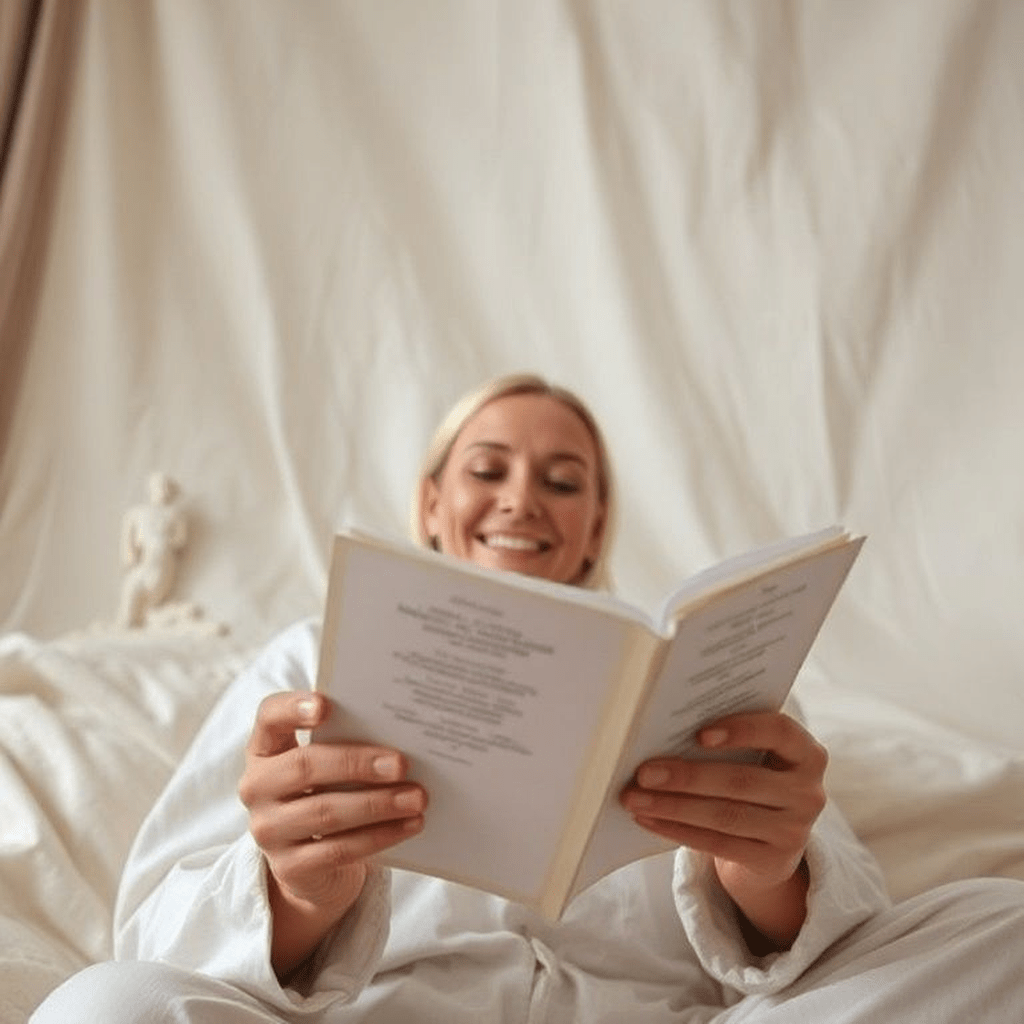 Personne souriante tenant un carnet, symbole de confiance et de progression dans la pratique spirituelle.