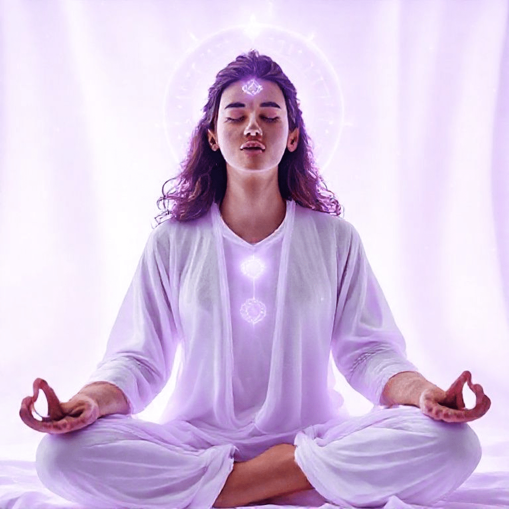 Personne assise en méditation chantant un mantra avec des yeux fermés pour évoquer l’énergie lumineuse.