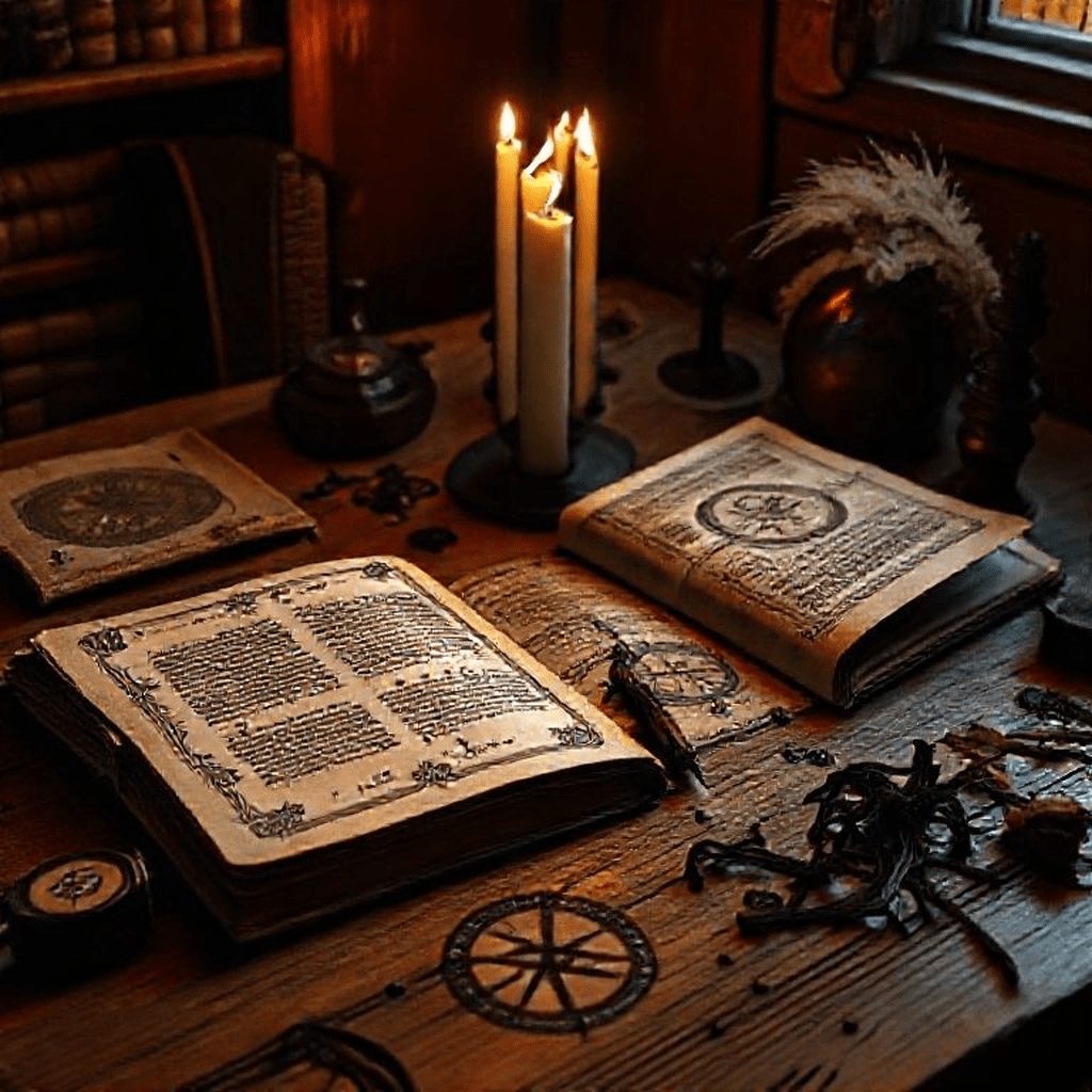 Pages de texte ancien couvertes de symboles occultes tracés à l'encre noire sur parchemin jauni