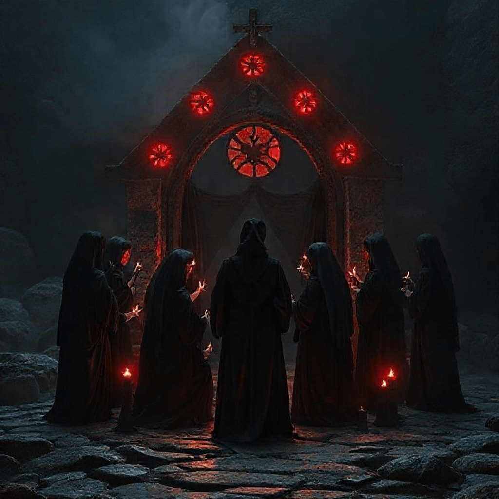 Personnes vêtues de robes noires autour d'un autel, exécutant un rituel ancien mystérieux