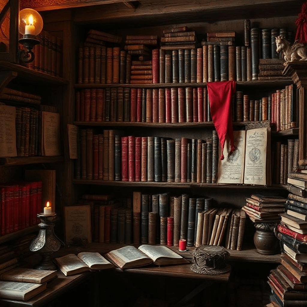 Étagère de grimoire rouge ouverte avec carnets et textes ésotériques empilés