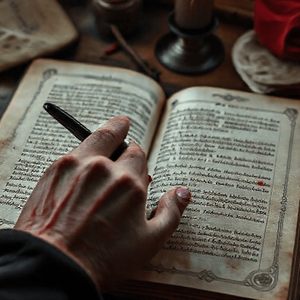 Vieux manuscrit ouvert montrant des formules magiques rouges écrites à l'encre flamboyante