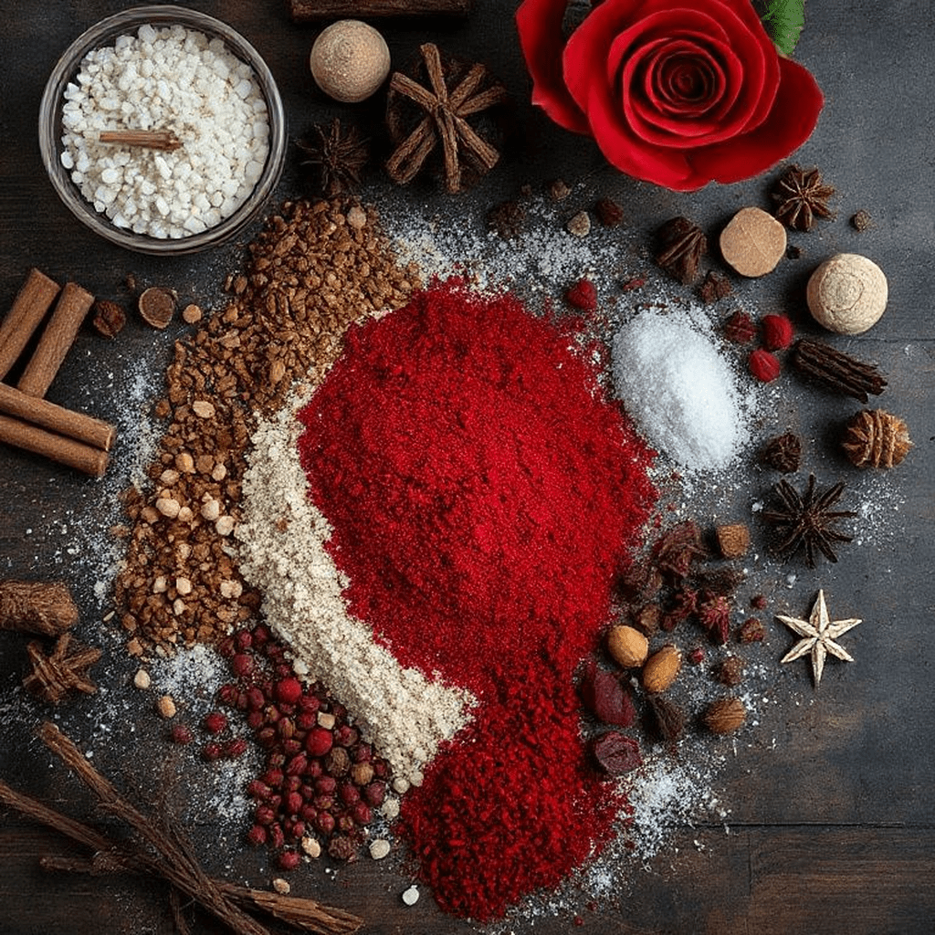 Ingrédients de magie rouge alignés : piments, sel, huile parfumée et encens rouge prêts à l'emploi