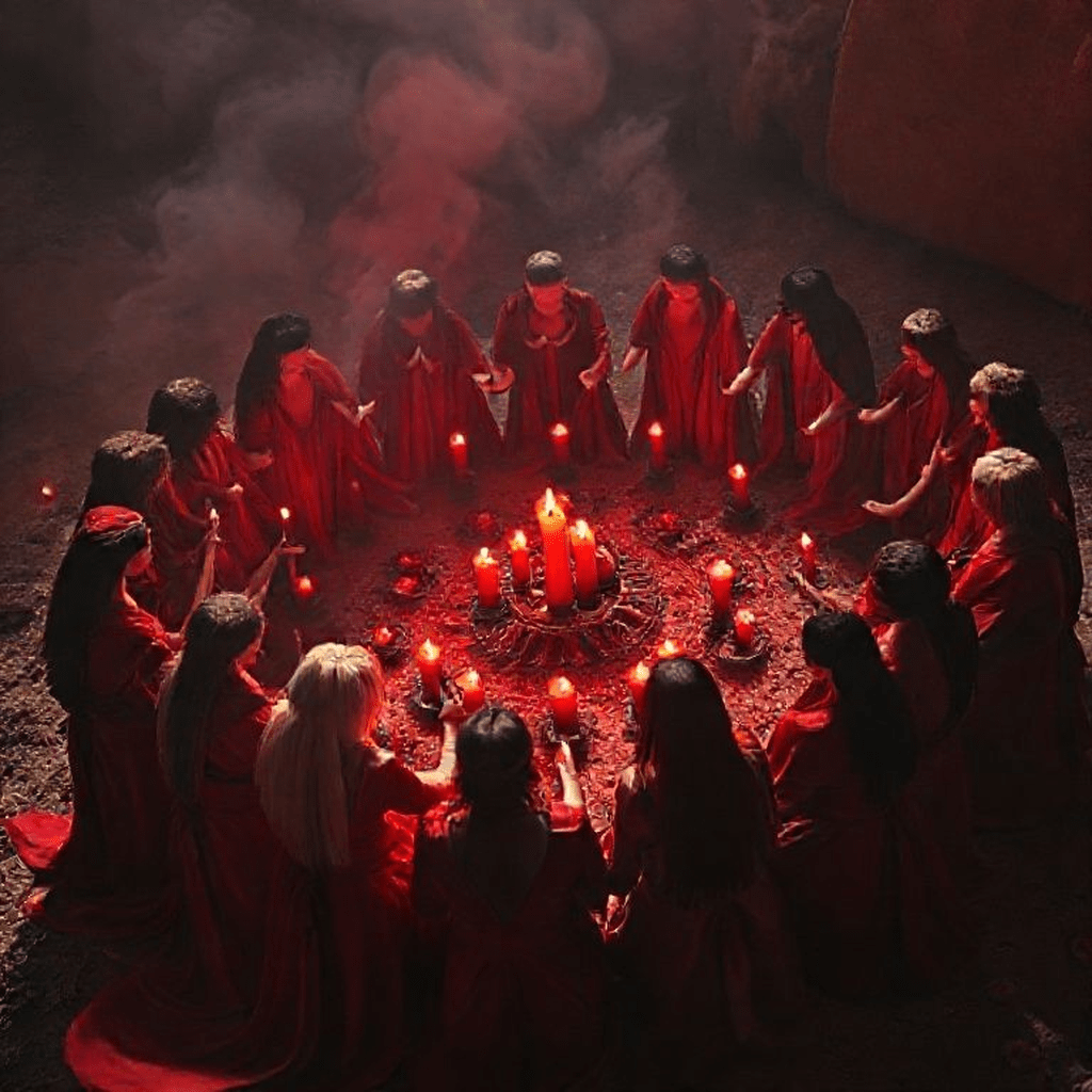 Participants entourant un cercle de bougies rouges exécutant un chant rituel pour la passion
