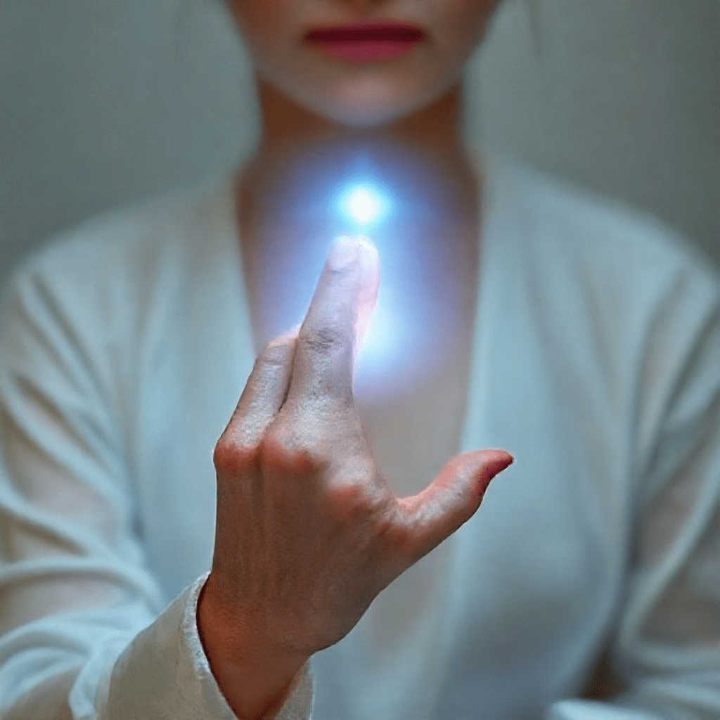 Main apaisante sur un point énergétique, symbolisant la libération des blocages émotionnels dans un chakra.