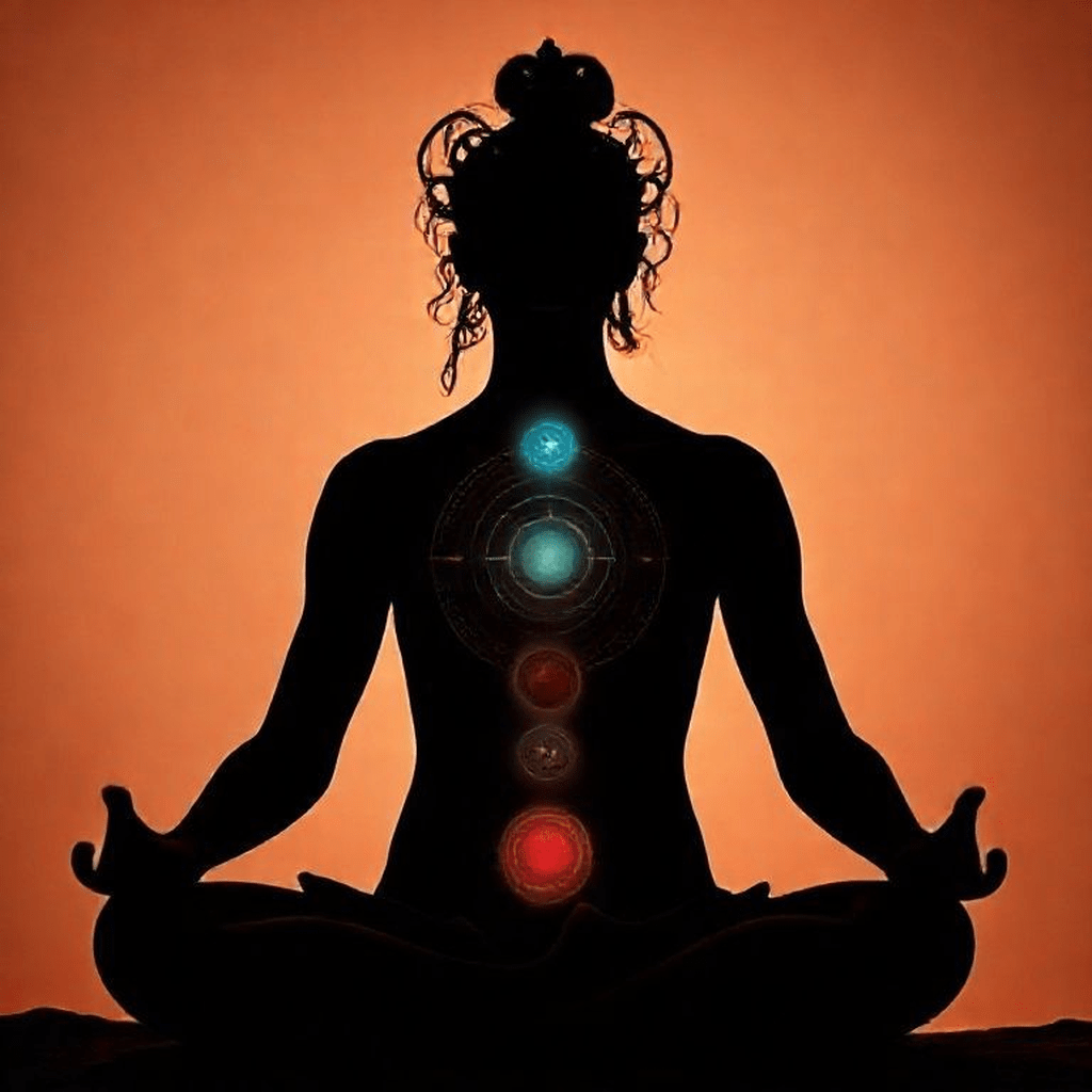 Vue latérale d'une silhouette méditative visualisant le chakra racine en rouge vibrant et profond.