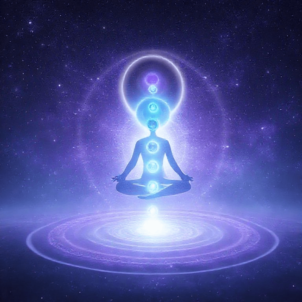 Illustration colorée représentant plusieurs chakras supérieurs alignés, chacun vibrant d’une nuance symbolisant une émotion spécifique.
